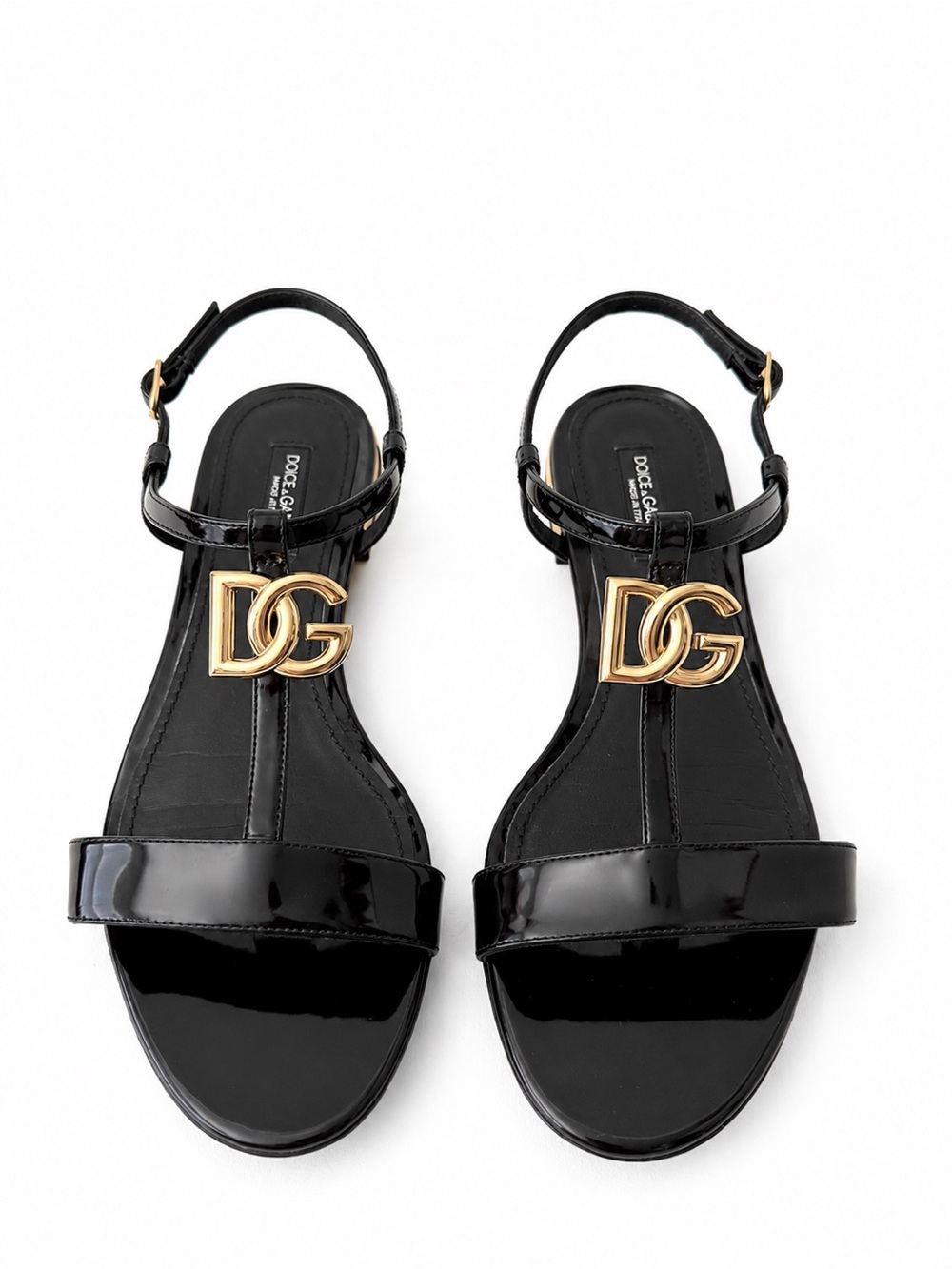 DOLCE & GABBANA | Black Patent DG Gold Logo Flat Sandals Ankle Strap EU 38.5